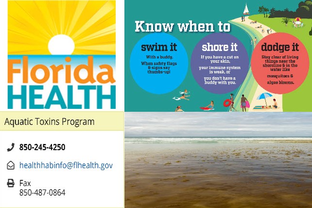Collage of DOH Logo, aquatic toxins contact info, photo of red tide and DOH infographic