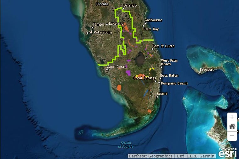 Map of the everglades Restoration area, which spans the width of southern Florida